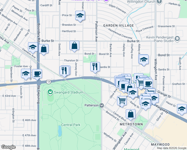 map of restaurants, bars, coffee shops, grocery stores, and more near 4071 Kingsway in Burnaby