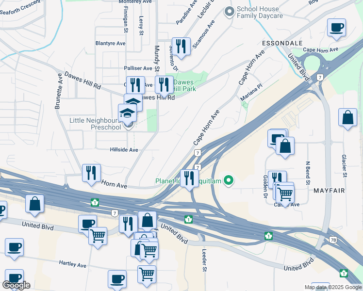 map of restaurants, bars, coffee shops, grocery stores, and more near 133 Warrick Street in Coquitlam