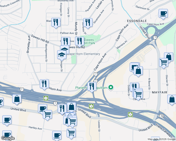 map of restaurants, bars, coffee shops, grocery stores, and more near 133 Warrick Street in Coquitlam