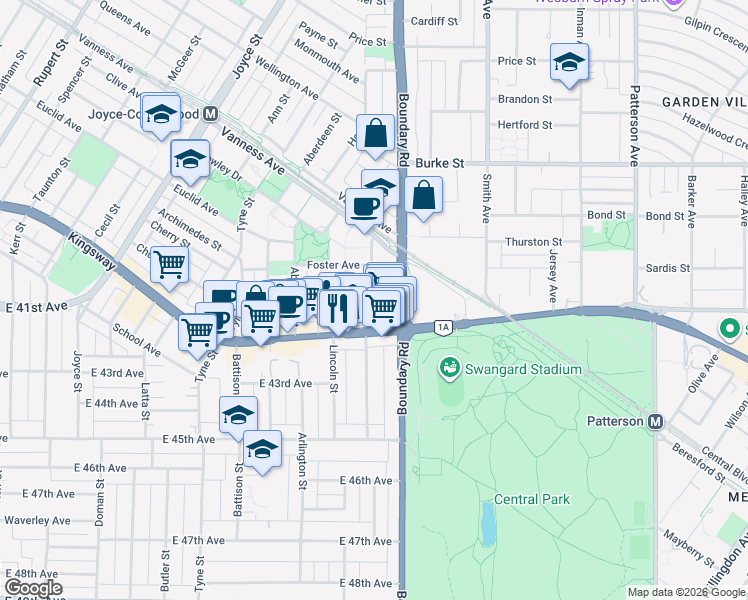 map of restaurants, bars, coffee shops, grocery stores, and more near 5598 Ormidale Street in Vancouver