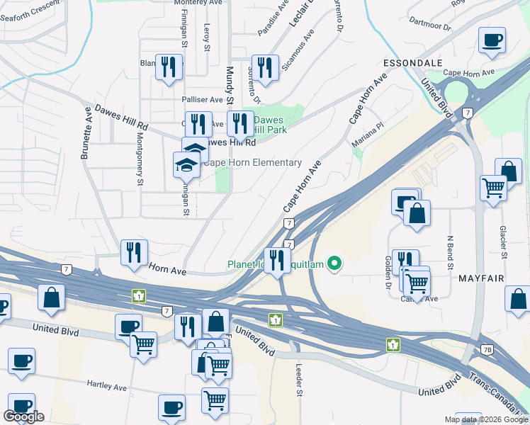 map of restaurants, bars, coffee shops, grocery stores, and more near 133 Warrick Street in Coquitlam