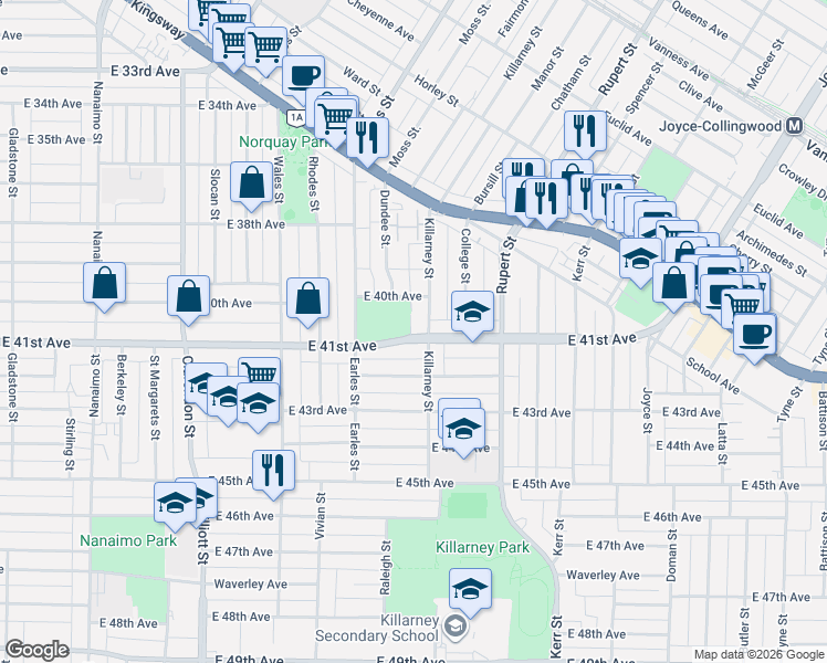map of restaurants, bars, coffee shops, grocery stores, and more near 2885 East 41st Avenue in Vancouver