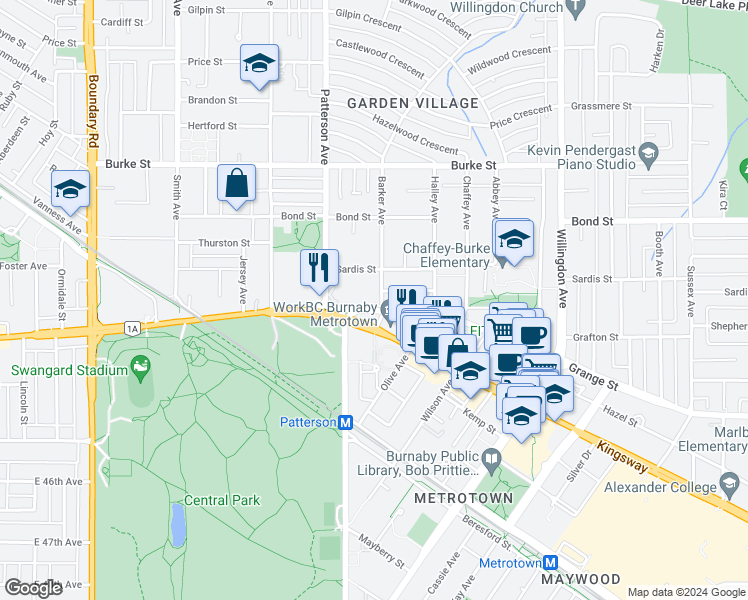 map of restaurants, bars, coffee shops, grocery stores, and more near 4176 Grange Street in Burnaby
