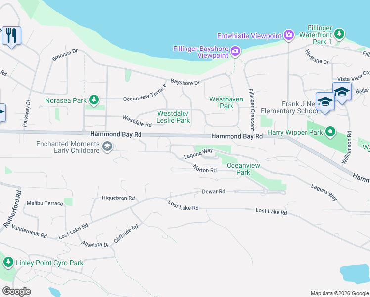 map of restaurants, bars, coffee shops, grocery stores, and more near 5418 Jacobs Lane in Nanaimo