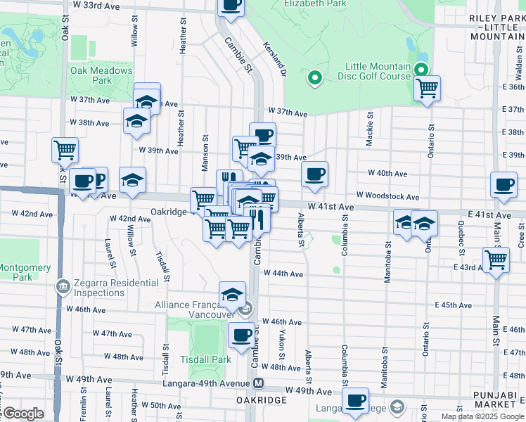 map of restaurants, bars, coffee shops, grocery stores, and more near 485 West 42nd Avenue in Vancouver
