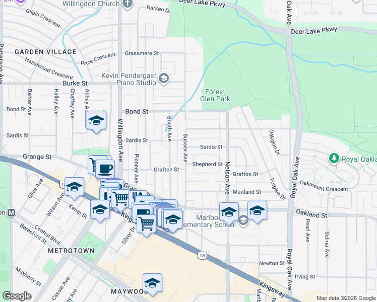 map of restaurants, bars, coffee shops, grocery stores, and more near 4706 Sardis Street in Burnaby
