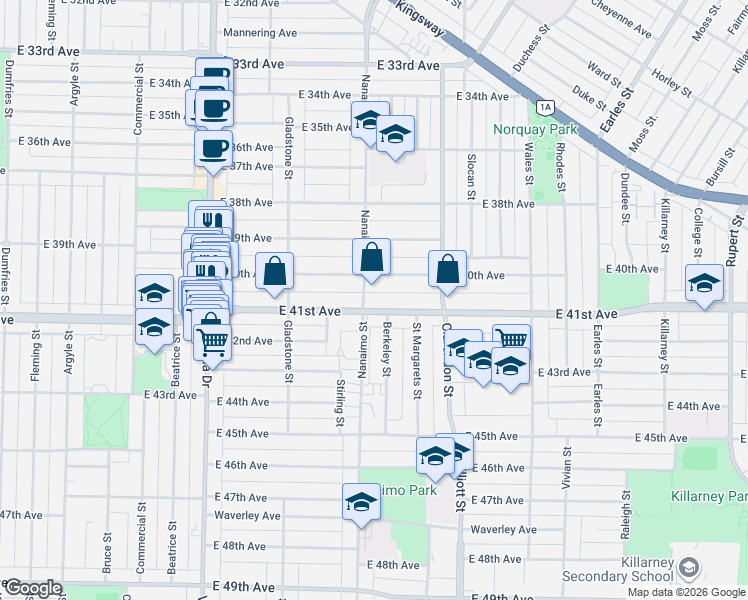 map of restaurants, bars, coffee shops, grocery stores, and more near 2323 East 41st Avenue in Vancouver
