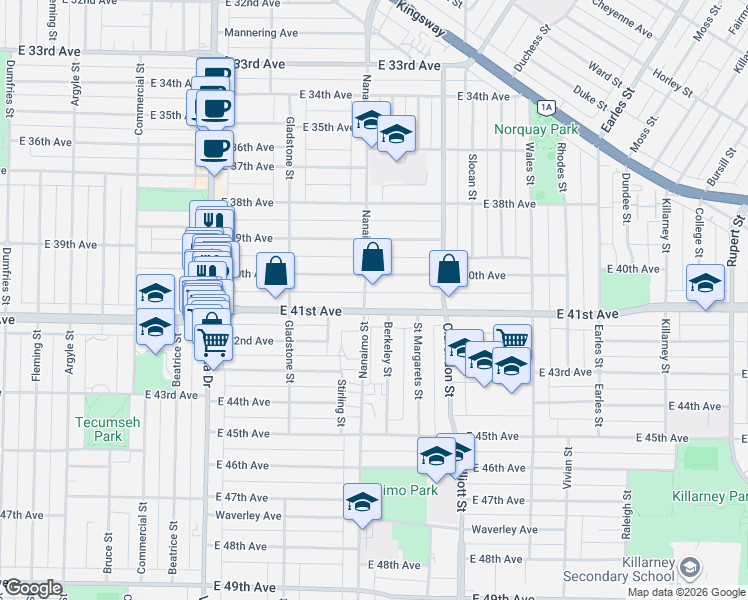 map of restaurants, bars, coffee shops, grocery stores, and more near 2323 East 41st Avenue in Vancouver