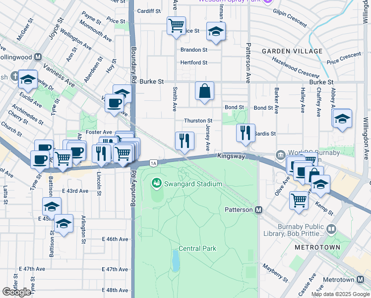 map of restaurants, bars, coffee shops, grocery stores, and more near 5720 Smith Avenue in Burnaby