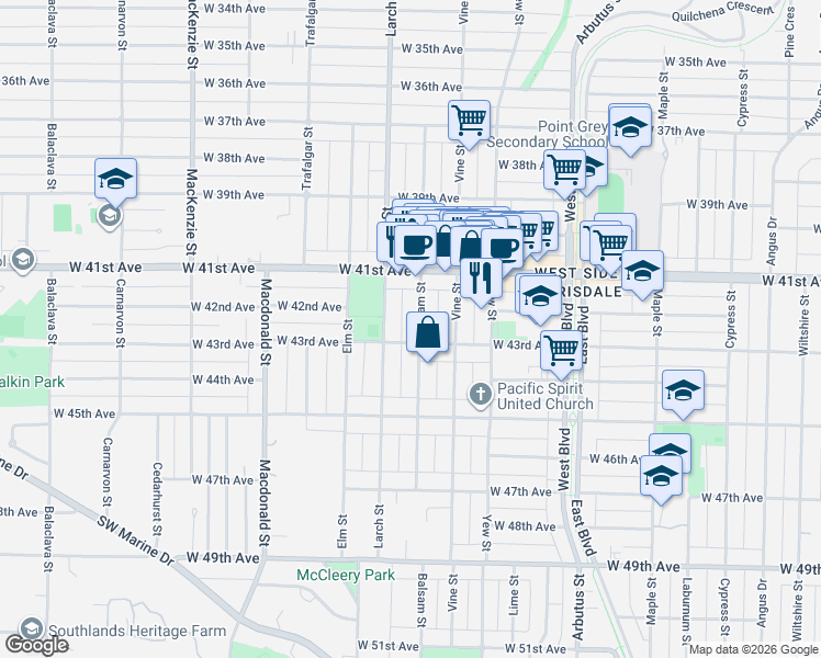 map of restaurants, bars, coffee shops, grocery stores, and more near 2409 West 43rd Avenue in Vancouver