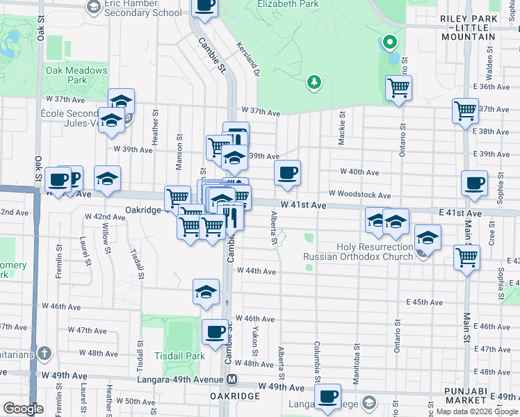 map of restaurants, bars, coffee shops, grocery stores, and more near 408 West 41st Avenue in Vancouver