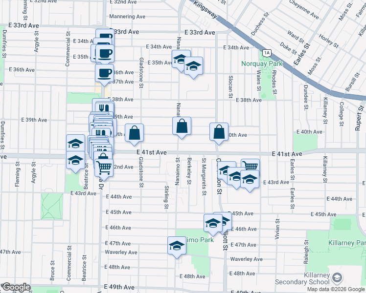 map of restaurants, bars, coffee shops, grocery stores, and more near in Vancouver