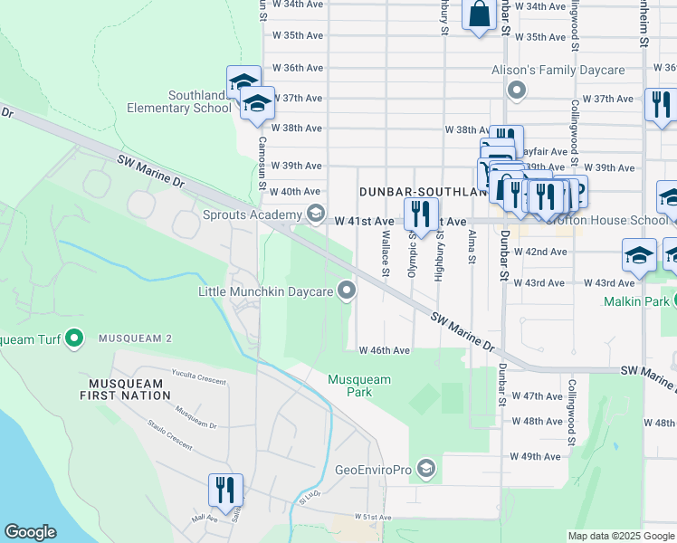 map of restaurants, bars, coffee shops, grocery stores, and more near 3988 Southwest Marine Drive in Vancouver