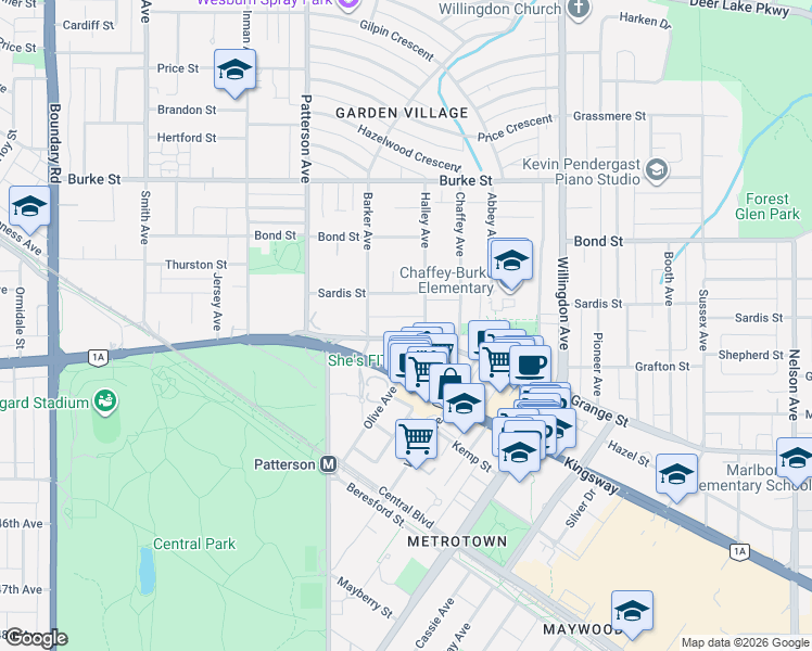 map of restaurants, bars, coffee shops, grocery stores, and more near 5685 Halley Avenue in Burnaby