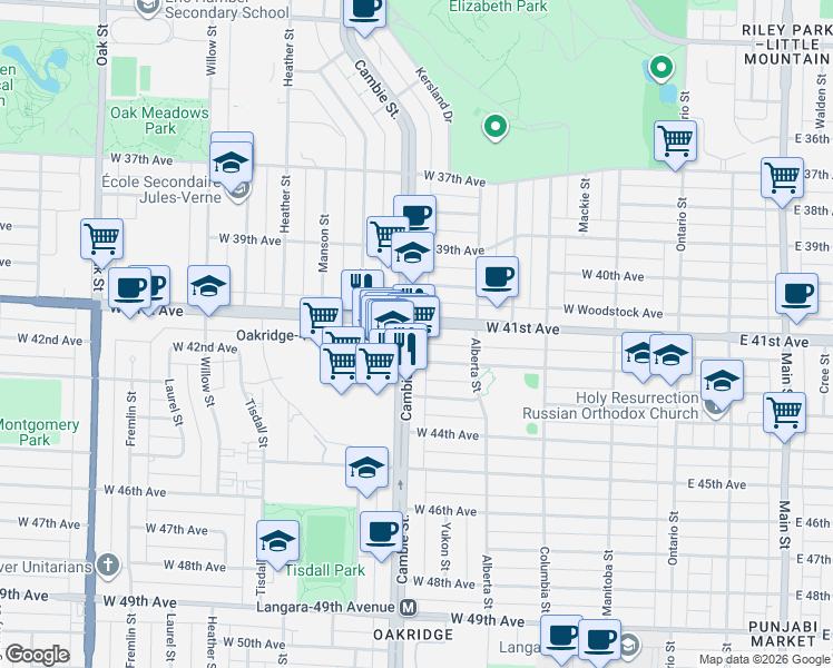map of restaurants, bars, coffee shops, grocery stores, and more near 485 West 42nd Avenue in Vancouver
