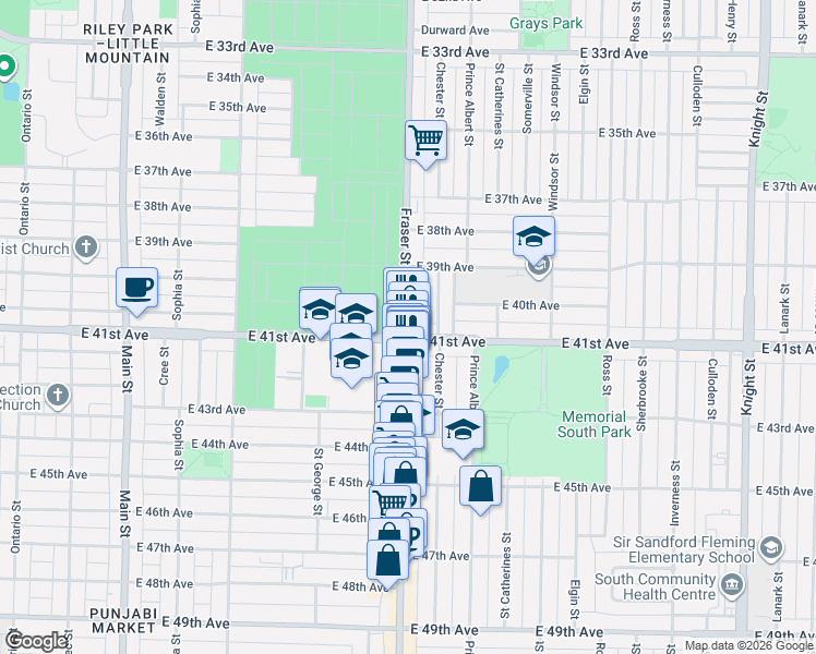 map of restaurants, bars, coffee shops, grocery stores, and more near 5682 Fraser Street in Vancouver