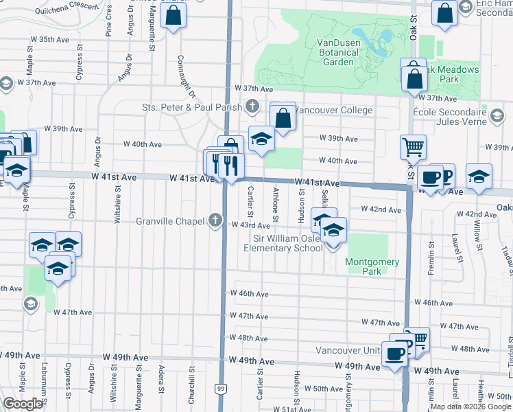 map of restaurants, bars, coffee shops, grocery stores, and more near 5810 Cartier Street in Vancouver