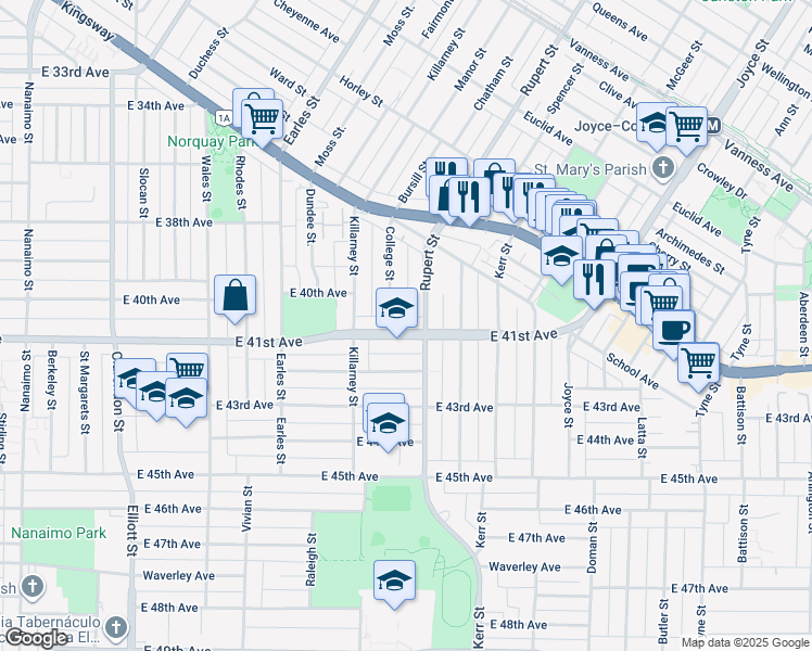map of restaurants, bars, coffee shops, grocery stores, and more near 2975 East 41st Avenue in Vancouver