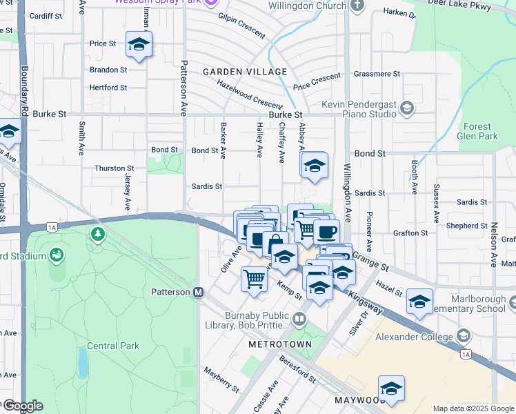 map of restaurants, bars, coffee shops, grocery stores, and more near 21 Halley Avenue in Burnaby