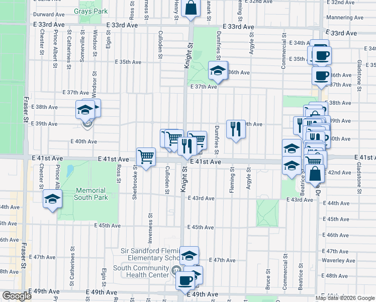 map of restaurants, bars, coffee shops, grocery stores, and more near 5692 Knight Street in Vancouver