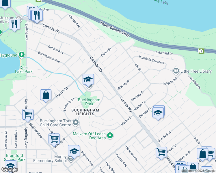 map of restaurants, bars, coffee shops, grocery stores, and more near 6179 Canada Way in Burnaby