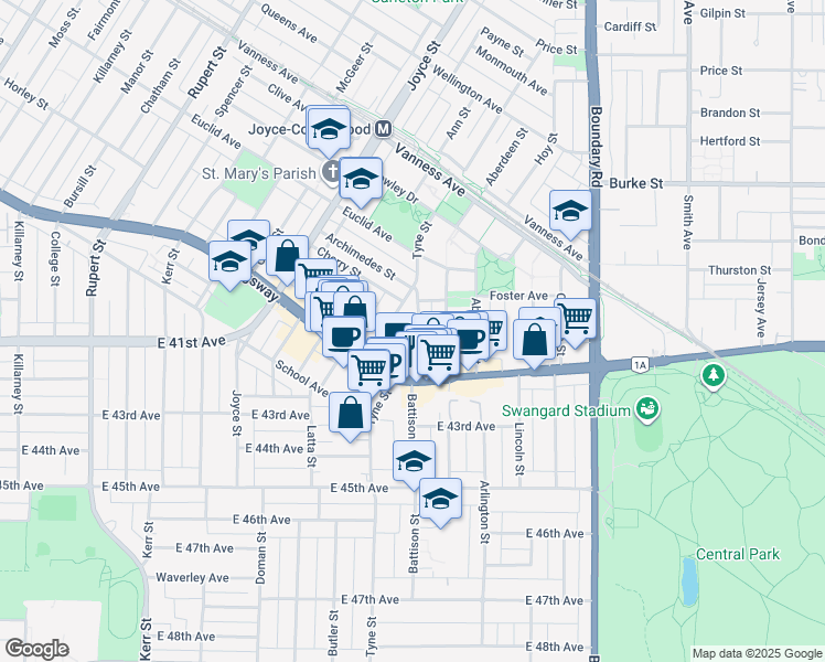 map of restaurants, bars, coffee shops, grocery stores, and more near 5603 Tyne Street in Vancouver