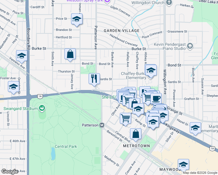 map of restaurants, bars, coffee shops, grocery stores, and more near 5645 Barker Avenue in Burnaby
