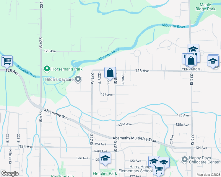 map of restaurants, bars, coffee shops, grocery stores, and more near 12720 227B Street in Maple Ridge