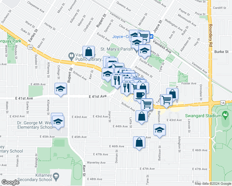 map of restaurants, bars, coffee shops, grocery stores, and more near in Vancouver
