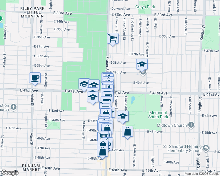map of restaurants, bars, coffee shops, grocery stores, and more near 5682 Fraser Street in Vancouver