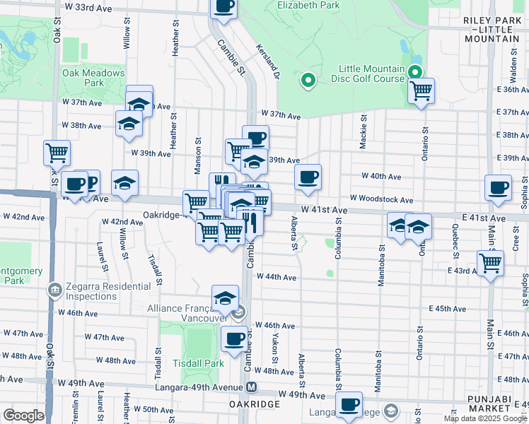 map of restaurants, bars, coffee shops, grocery stores, and more near 488 West 41st Avenue in Vancouver