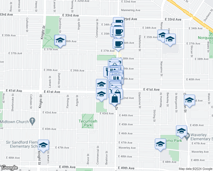 map of restaurants, bars, coffee shops, grocery stores, and more near 1918 East 40th Avenue in Vancouver