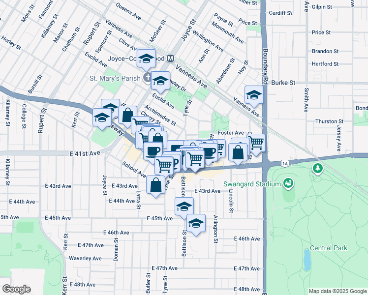 map of restaurants, bars, coffee shops, grocery stores, and more near 5603 Tyne Street in Vancouver