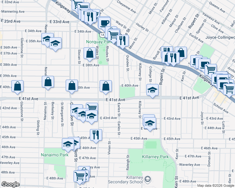 map of restaurants, bars, coffee shops, grocery stores, and more near 5655 Earles Street in Vancouver