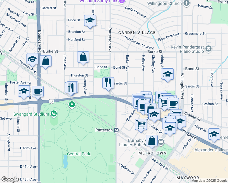 map of restaurants, bars, coffee shops, grocery stores, and more near 5652 Patterson Avenue in Burnaby