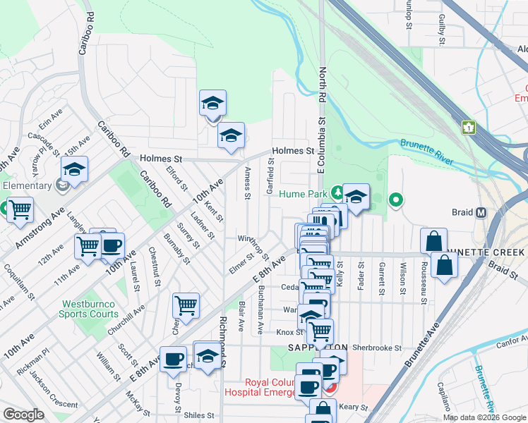 map of restaurants, bars, coffee shops, grocery stores, and more near 521 Garfield Street in New Westminster