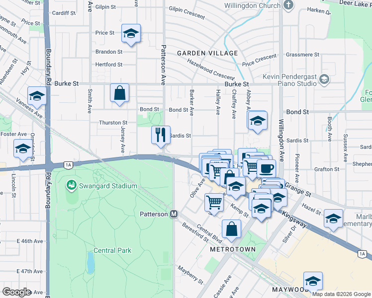 map of restaurants, bars, coffee shops, grocery stores, and more near 5645 Barker Avenue in Burnaby