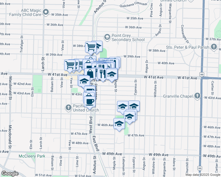 map of restaurants, bars, coffee shops, grocery stores, and more near 2032 West 42nd Avenue in Vancouver