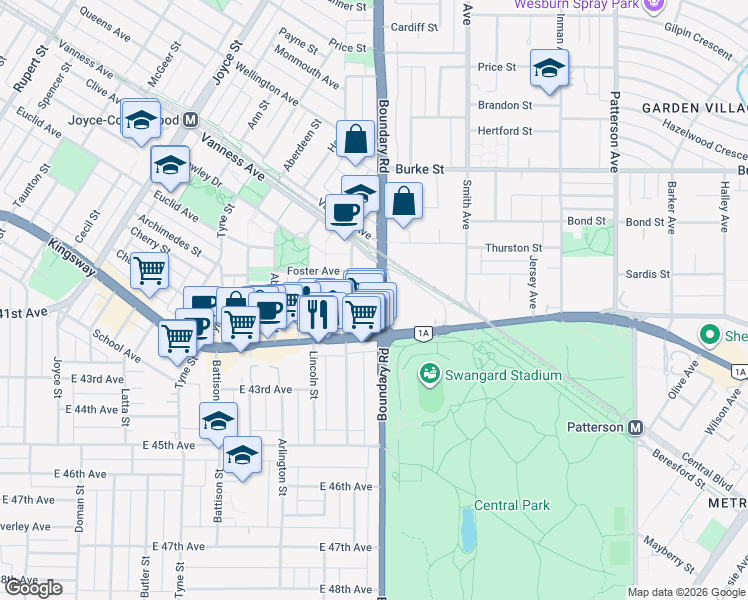 map of restaurants, bars, coffee shops, grocery stores, and more near 3665 Kingsway in Vancouver