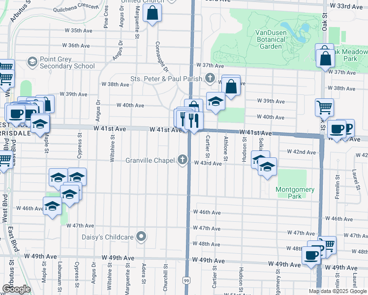 map of restaurants, bars, coffee shops, grocery stores, and more near 5809 Granville Street in Vancouver