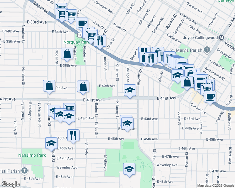 map of restaurants, bars, coffee shops, grocery stores, and more near 5681 Killarney Street in Vancouver