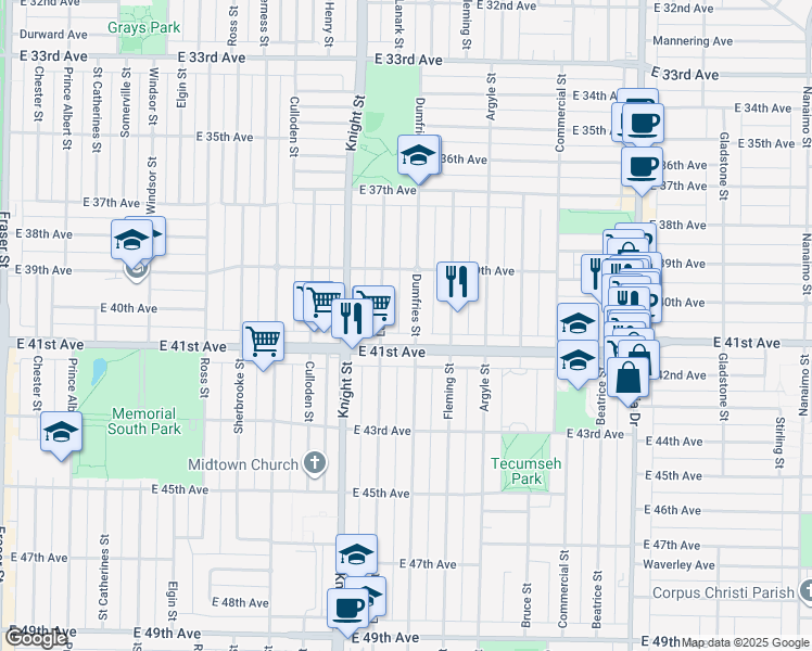 map of restaurants, bars, coffee shops, grocery stores, and more near 5645 Dumfries Street in Vancouver