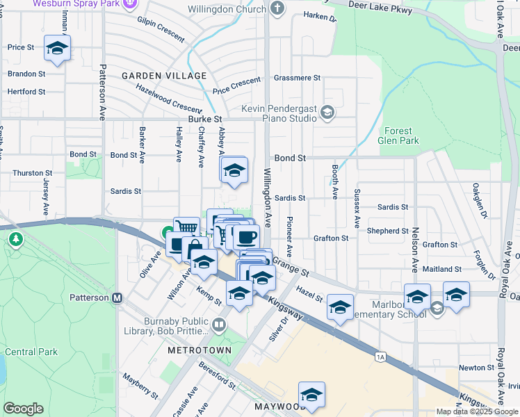 map of restaurants, bars, coffee shops, grocery stores, and more near 5661 Willingdon Avenue in Burnaby