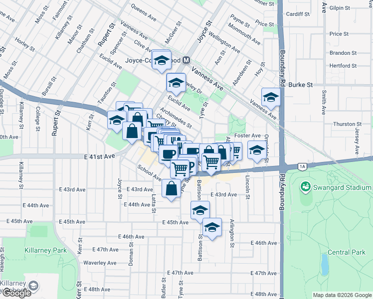 map of restaurants, bars, coffee shops, grocery stores, and more near 3446 Church Street in North Vancouver