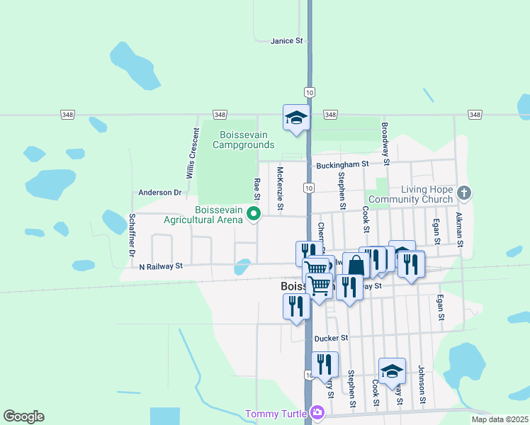 map of restaurants, bars, coffee shops, grocery stores, and more near 702 Rae Street in Boissevain