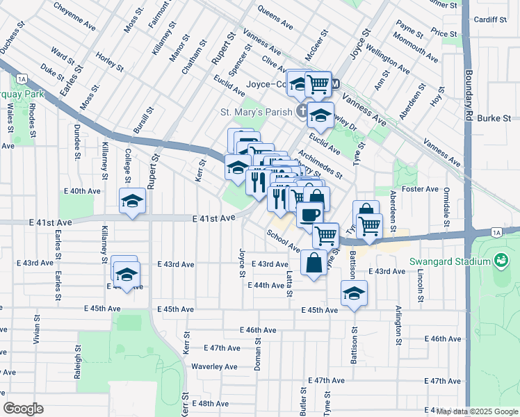 map of restaurants, bars, coffee shops, grocery stores, and more near in Vancouver