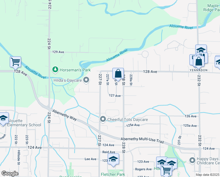 map of restaurants, bars, coffee shops, grocery stores, and more near 12724 227A Street in Maple Ridge