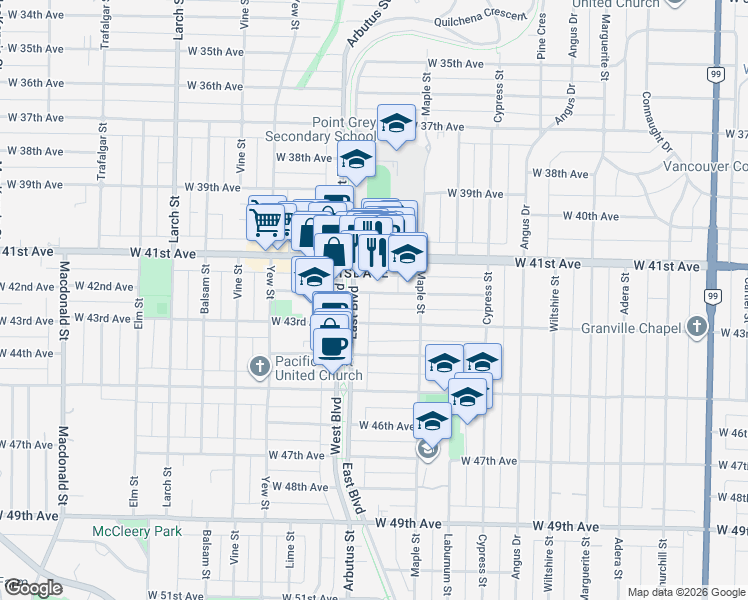 map of restaurants, bars, coffee shops, grocery stores, and more near 5790 East Boulevard in Vancouver