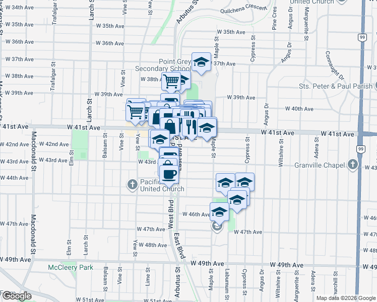map of restaurants, bars, coffee shops, grocery stores, and more near 2088 West 42nd Avenue in Vancouver