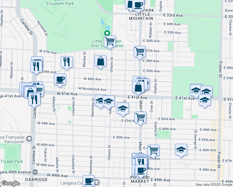 map of restaurants, bars, coffee shops, grocery stores, and more near 41 East 41st Avenue in Vancouver